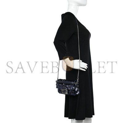 FENDI SEQUIN PAILLETTES VITELLO GRACE STRIPED MINI BAGUETTE DARK BLUE LUNAI (19*11*5cm) 